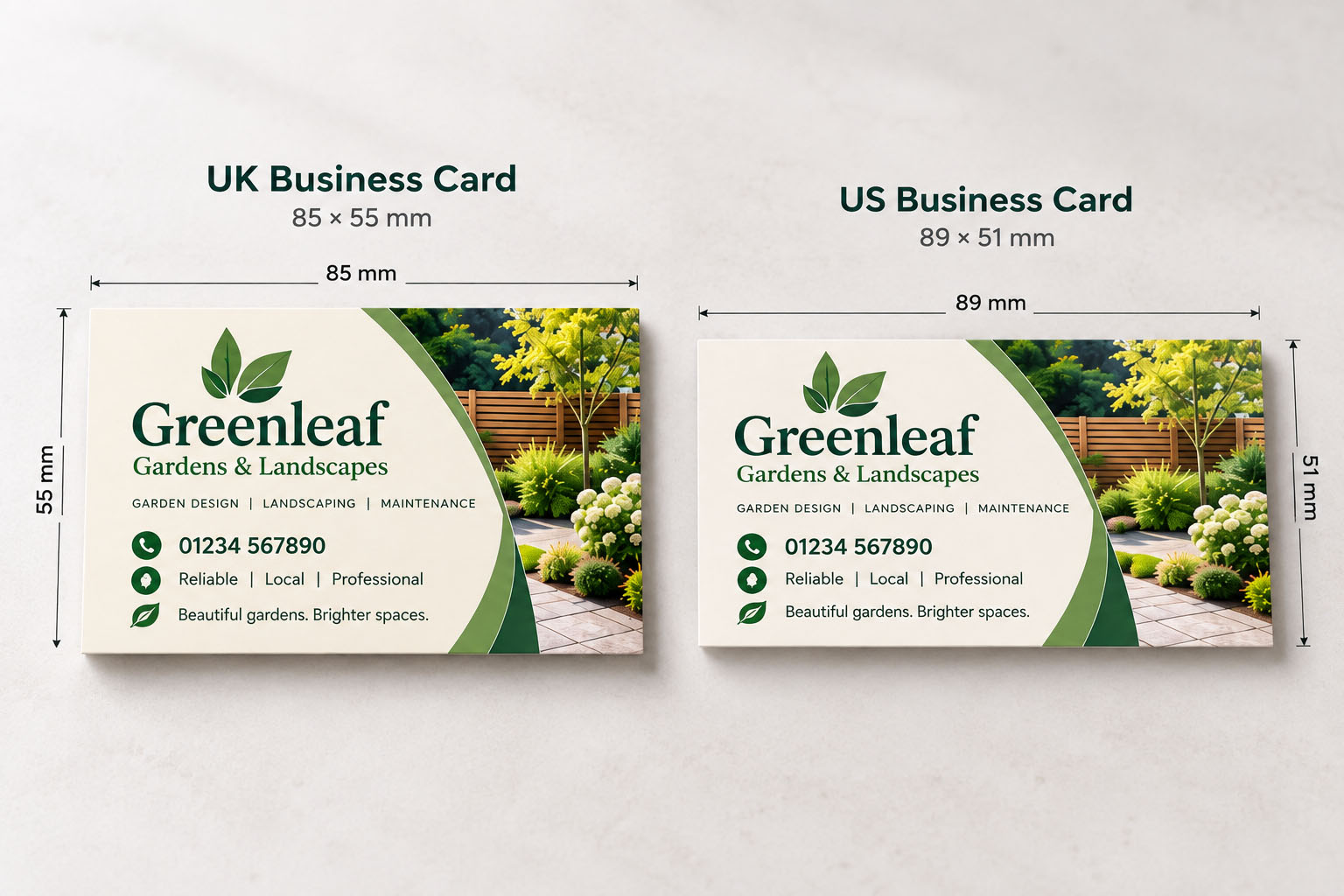 Comparison of standard UK and US business card sizes for AI-generated artwork