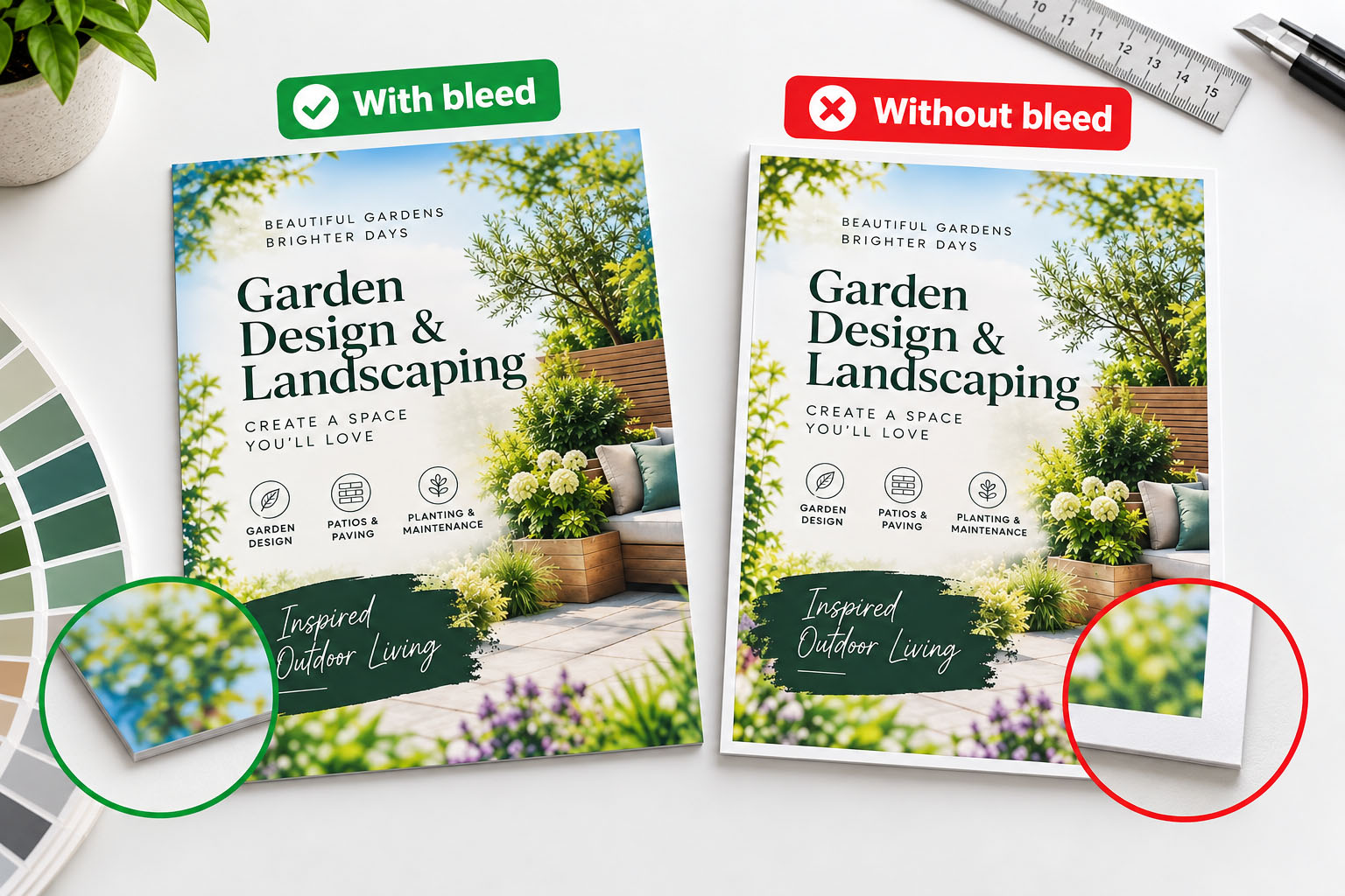 Comparison showing correctly prepared full-bleed artwork and printing with unwanted white edges