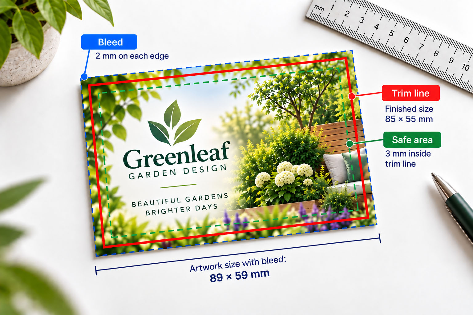 UK business card showing 2 mm bleed beyond the 85 × 55 mm finished size
