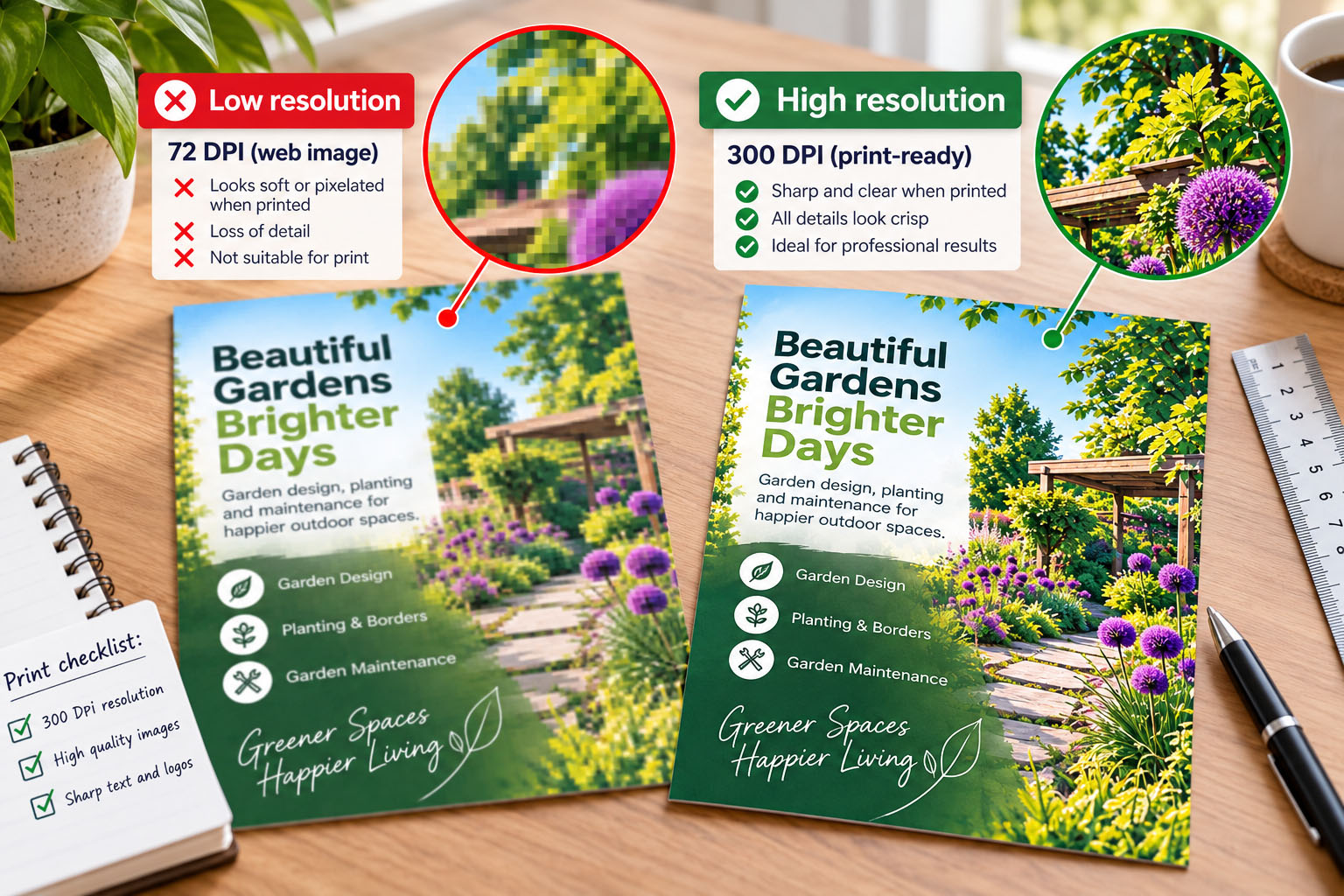 Comparison of low-resolution and high-resolution images prepared for professional printing