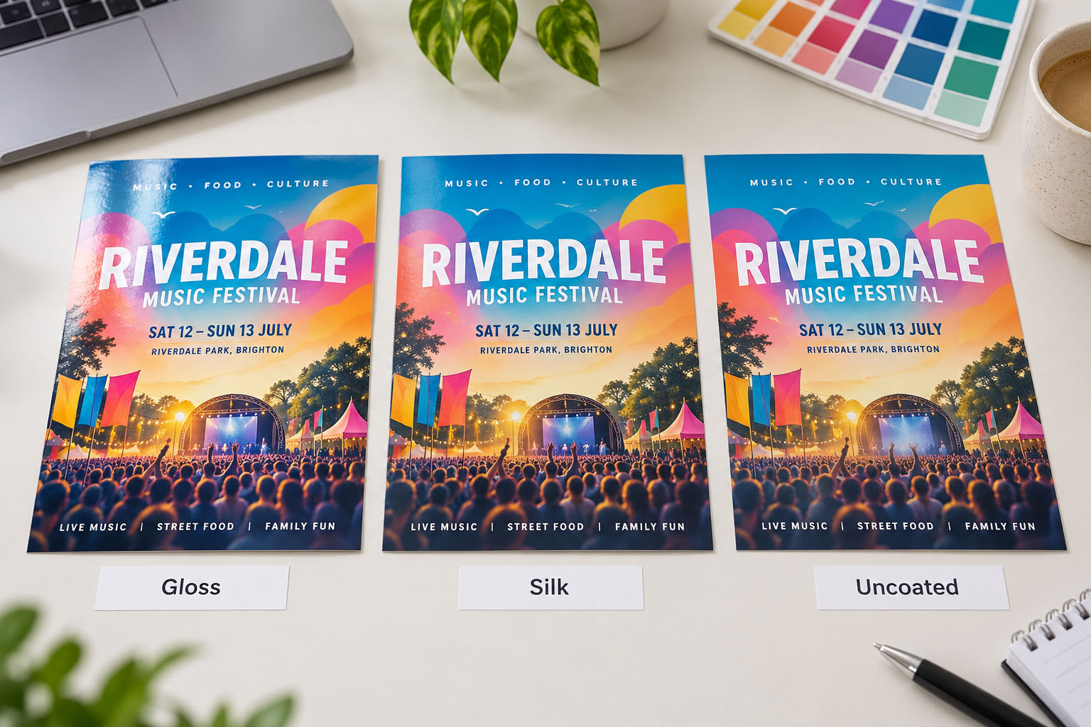 Printed flyers showing gloss, silk and uncoated paper options