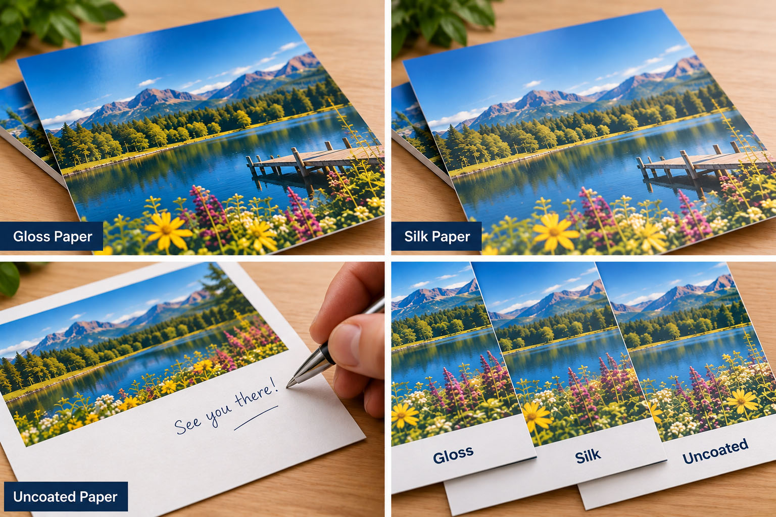 Comparison of gloss, silk and uncoated paper finishes including writing on uncoated paper