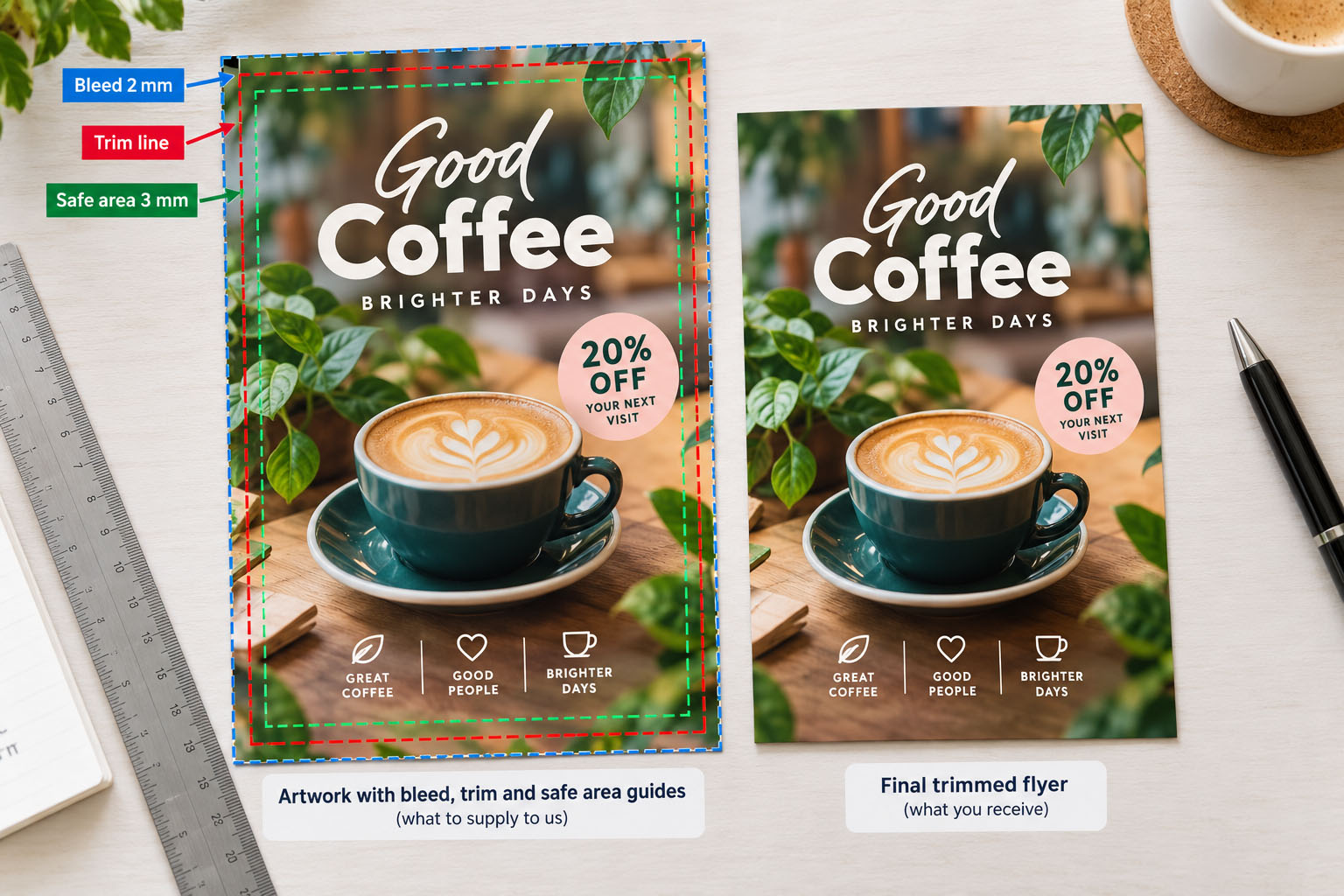 Preparing print-ready flyer artwork with bleed and safe areas
