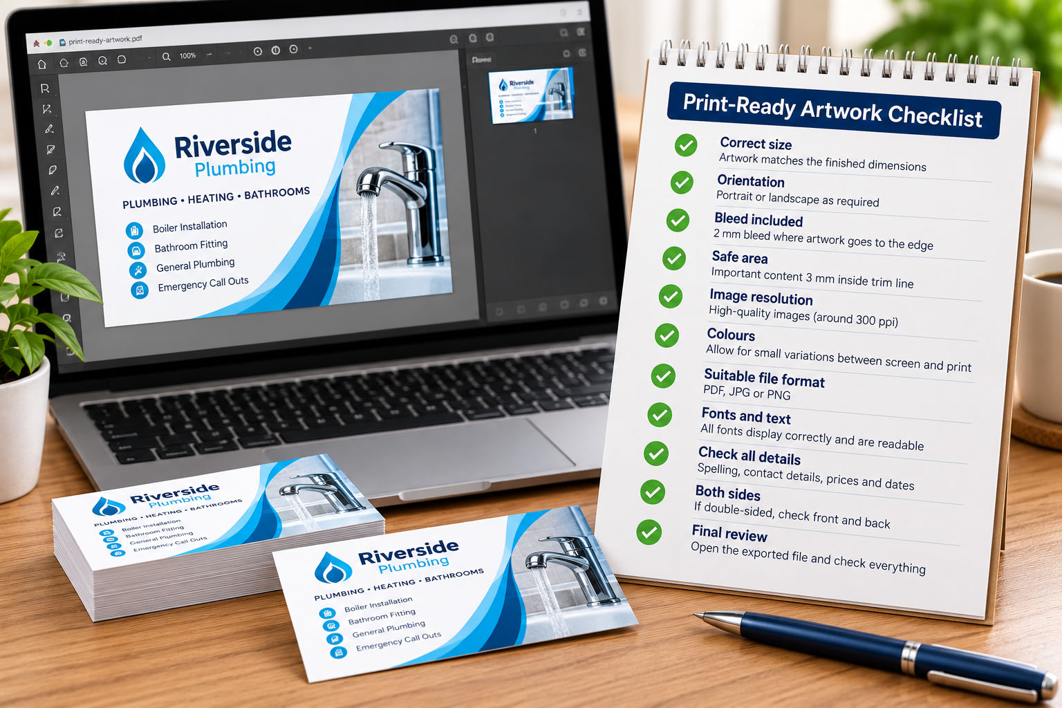 Checklist for preparing print-ready artwork including file size, resolution, bleed and text