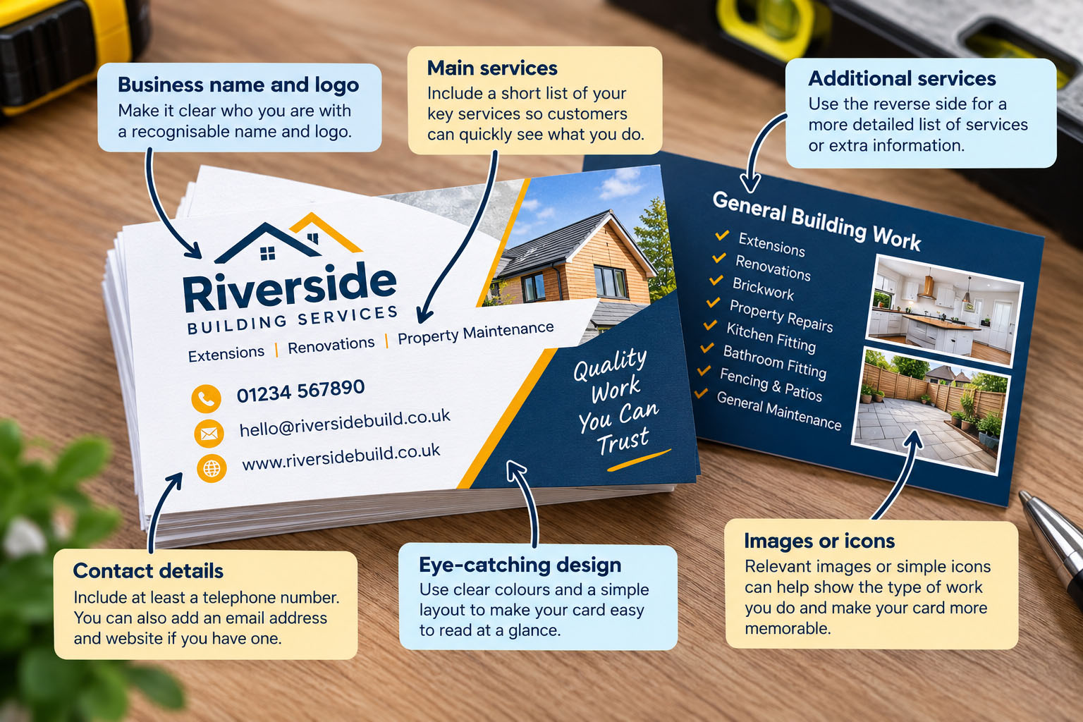 Important contact details and services on a trade business card