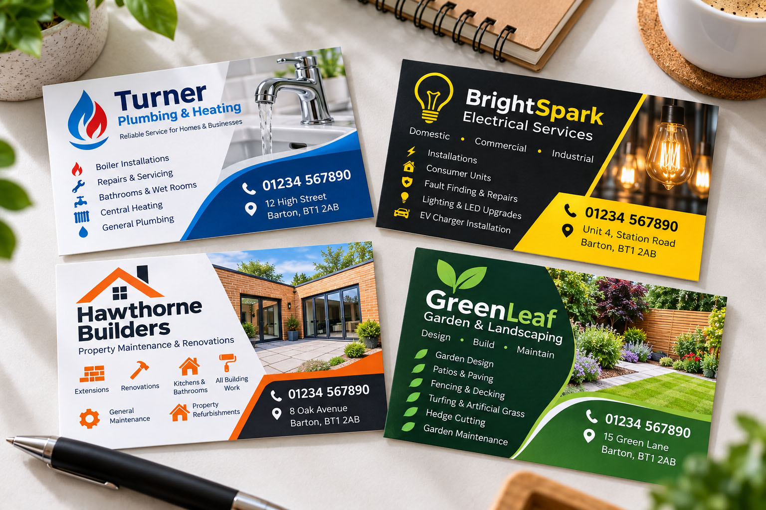 Business card examples for trades including plumbing and building services