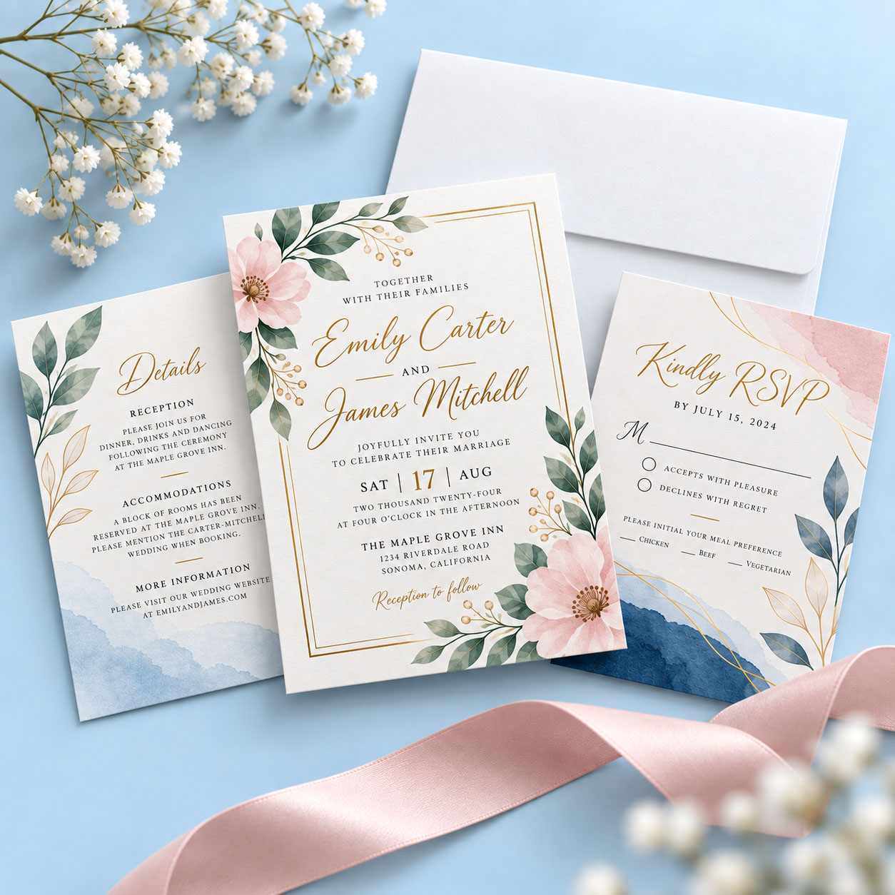 Printed wedding invitations with matching envelope
