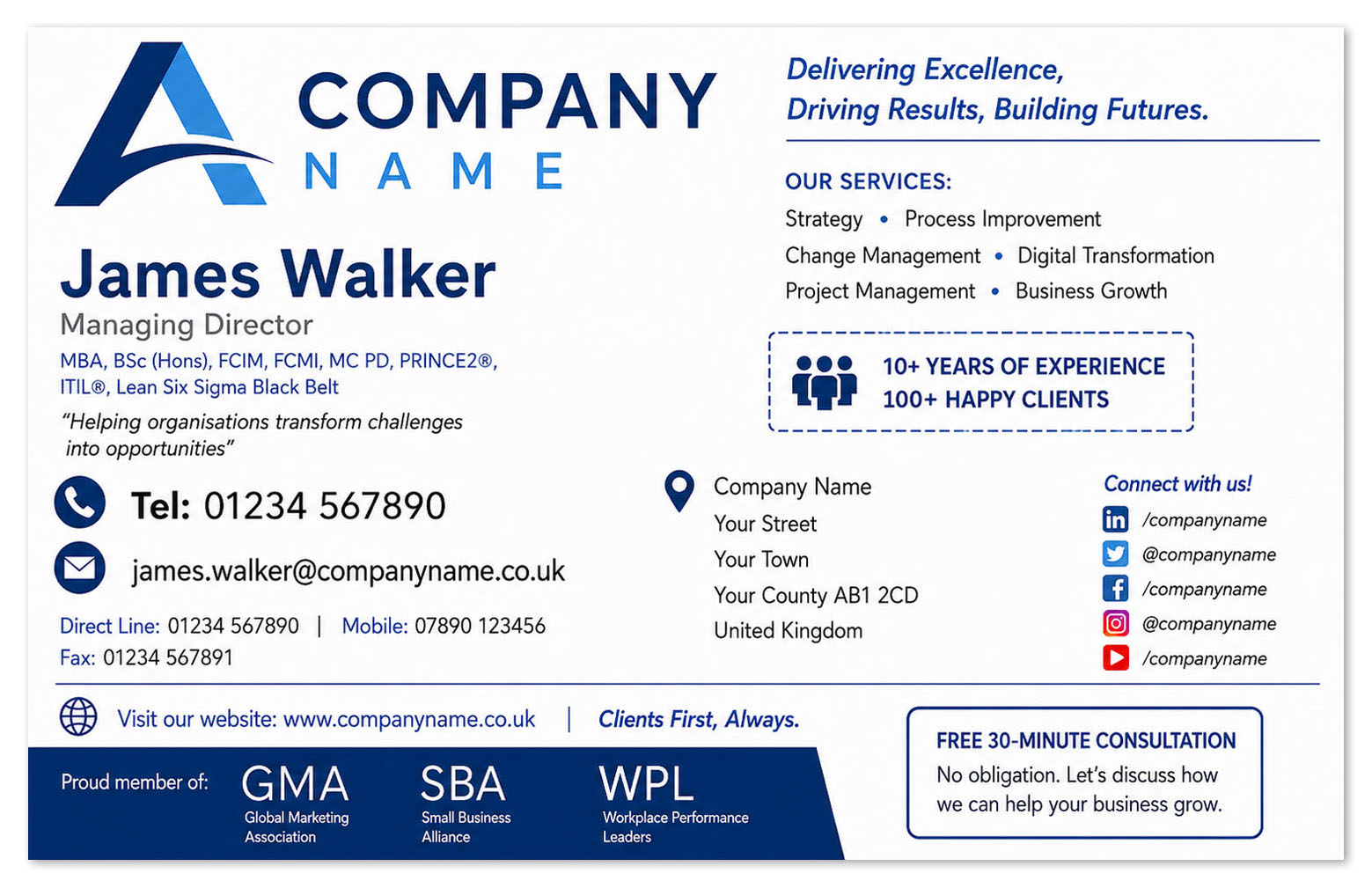 Example of an overcrowded business card with text that is too small